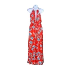 Patrons Of Peace Boho Chic Floral Halter Crochet Trim Gauze Maxi Dress Medium